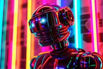 Aufkleber - A sleek robot with intricate details stands before a background of colorful neon lines