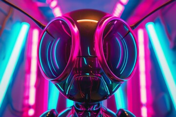 Aufkleber - A glossy robot head with a reflective surface surrounded by colorful neon lights, depicting an advanced AI