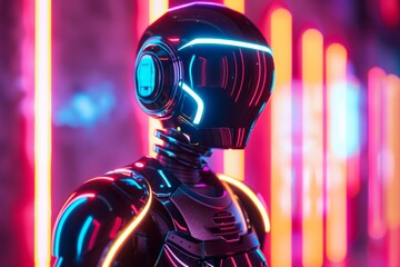 Aufkleber - A sleek black robot illuminated by bright neon lights, evoking a sense of futuristic sophistication