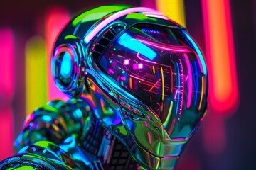 Aufkleber - A robot with a visor displaying digital imagery, set against a background of contrasting neon lights