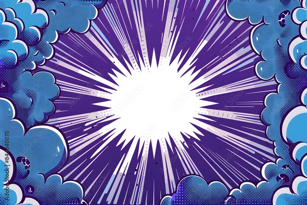 Abstract blue and white comic book explosion background with empty ...