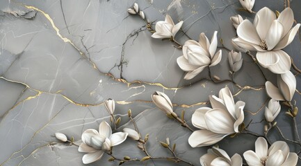 Wall Mural - 3D wallpaper, grey stone background with white magnolia flowers and golden lines