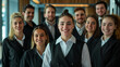 © Aloka - A professional hotel staff team standing together in the hotel lobby, all looking at the camera with friendly smiles,. Ai generated