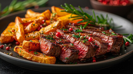 Grilled steak with roasted potatoes sprinkled with rosemary. Close-up view of grilled entrecote served with French fries and fresh herbs on dark grey plate.  Delicious dish in restaurant.