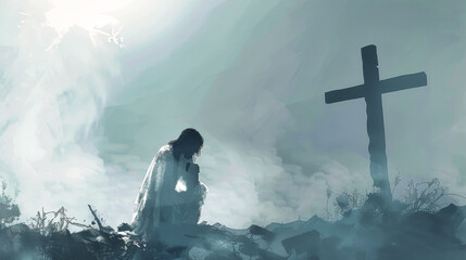 Wall Mural - A silhouette of Jesus kneeling before a wooden cross in a misty landscape. The image is a somber and contemplative depiction of a spiritual moment