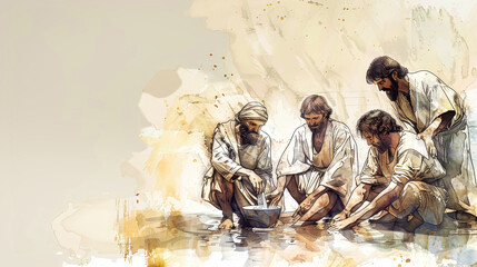 Wall Mural - A watercolor painting depicting Jesus washing the feet of his disciples by a river, demonstrating humility and service