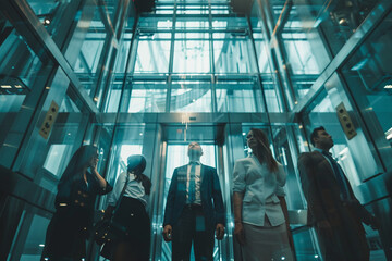 Wall Mural - Group of business people standing in glass Elevator.business concept