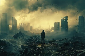 A lone survivor standing amidst the shattered cityscape their back turned to the ruins as they gaze at the devastation in front of them