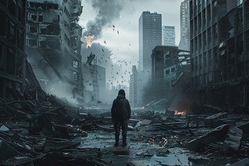 A lone survivor standing amidst the shattered cityscape their back turned to the ruins as they gaze at the devastation in front of them