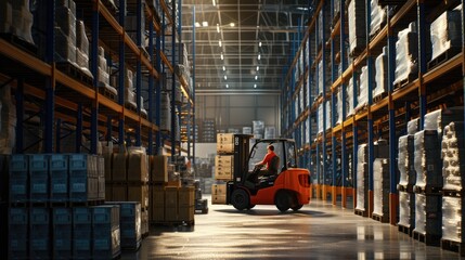 Wall Mural - Smart warehouse worker or operator driving forklift and lifted product surrounded with box at storage. Professional engineer working in ware house while using machine carry or transport box. AIG42.