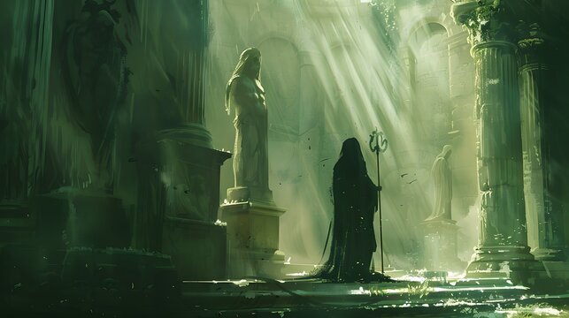 Ethereal cloaked figure with a staff in ancient ruins bathed in mystical light, evoking mystery and fantasy elements in a dreamlike scene.