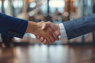 Wall Mural - Happy businessman and businesswoman shaking hands at group board meeting. Professional business executive leaders making handshake agreement successful company trade partnership handshake concept.