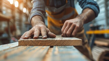 Sticker - man owner a small furniture business is preparing wood for production. carpenter male is adjust wood to the desired size. architect, designer, Built-in, professional wood, craftsman, workshop.