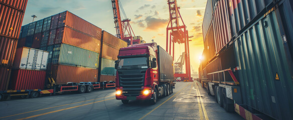 Wall Mural - Container truck in ship port for business Logistics and transportation of Container Cargo ship and Cargo plane with working crane bridge in shipyard at sunrise, logistic import export and transport