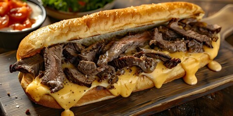 Wall Mural - Savor the Delectable Combination of Melted Cheese and Savory Steak in a Cheesesteak Sandwich. Concept Food Photography, Cheesesteak Sandwich, Melted Cheese, Savory Steak, Delicious Combination