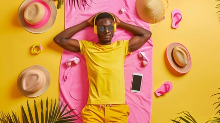 Wall Mural - Stunned dark skinned Afro American man in yellow t shirt and shorts lies on pink towel surrounded by sea accessories listens music headphones. Holiday, recreation, relax, Summer vibes