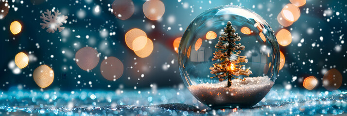 Christmas tree toy inside glass ball on blue background with snowflakes and bokeh lights. Christmas card design. banner template for New Year 