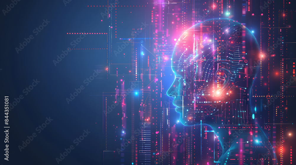 Futuristic digital human face silhouette with bright circuits and data ...