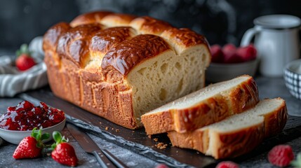 Wall Mural - Brioche: A loaf of buttery, soft brioche with a shiny golden top, partially sliced, with a small dish of homemade jam. Traditional French bread.