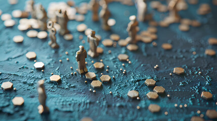 Clay figurines and hexagonal beads scattered on a steel blue background 