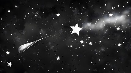 Canvas Print - Whimsical Stellar Dreamscape with Luminous Shooting Star on Inky Black Background