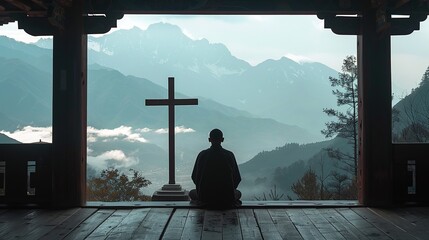 A monk kneeling in prayer in front of a simple wooden cross surrounded by the serene tranquility of the mountain monastery