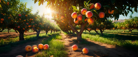 Wall Mural - Peach orchard, organic fruit, farm production, summer mood.