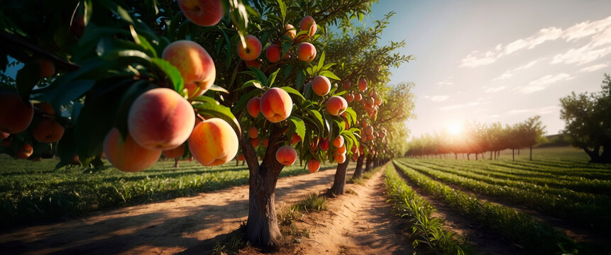 Peach orchard, organic fruit, farm production, summer mood.