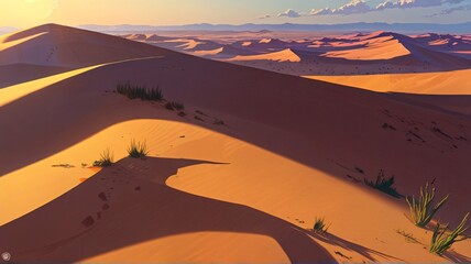 Expansive sand dunes under a blazing sun, captured in anime style