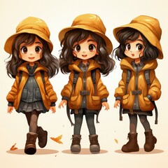 Wall Mural - littile girl character, multiple 3 pose and expression, children's book illustration style, simple, cute, 5 years old girl, wear of autumn season, long hair, full color, flat vector illustration