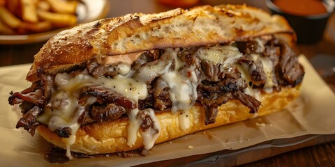 Wall Mural - Delicious Philly Cheesesteak Sandwich. Concept Philly Cheesesteak, Sandwich, Delicious, Recipe, Comfort Food