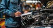 © Pravinrus - car repairman writing job checklist on clipboard and standing in front of open car engine