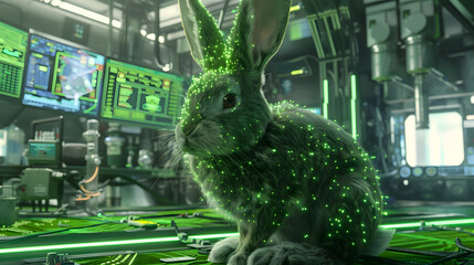 Wall Mural - Close up of a green rabbit in a high-tech lab with holographic displays and circuits. 