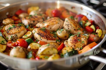 Wall Mural - A pan filled with chicken and assorted vegetables cooking over a stovetop