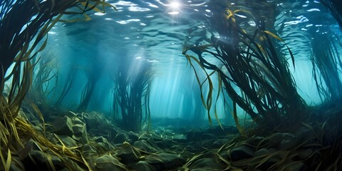 Exploring the vibrant marine life of a kelp forest from below the surface. Concept Underwater Photography, Marine Biodiversity, Kelp Forest Ecosystem, Ocean Exploration