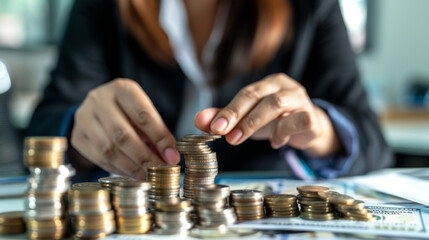 Wall Mural - A woman is holding a pile of coins in her hand