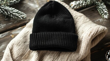 A black knit hat sits on a white blanket