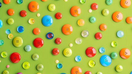 Wall Mural - Colorful marbles and oval buttons scattered on a lime green background 