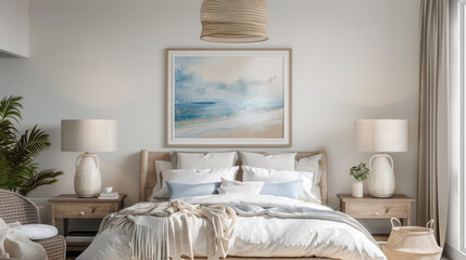 Cozy coastal bedroom with a stylish frame mockup, perfect for showcasing your artwork or photos.