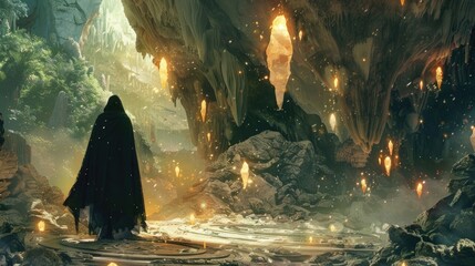 Wall Mural - A cloaked figure standing at the entrance of a cave, which is adorned with arcane symbols and softly glowing crystals