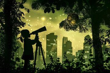 Wall Mural - A girl is looking through a telescope at the city