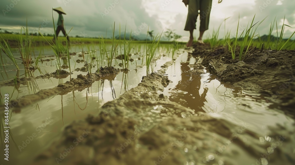 Picture of a farmer planting rice in the rainy season Soaked in water ...