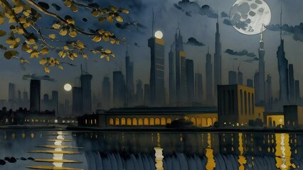 Wall Mural - Futuristic urban animation of cyberpunk cityscape with high skyscrapers, watercolor painting. Cityscape animation with illustrations transformations, music visualization. AI generated video