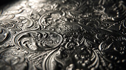 Wall Mural - A close-up shot of a silver metallic surface with intricate etched patterns, reflecting soft ambient lighting, set against a black background. The texture should appear highly detailed and shimmering.