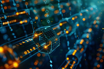Wall Mural - a computer screen with a blue and orange background and a cube in the middle
