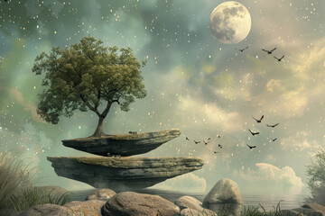 Wall Mural - A tree is on top of a rock, and there are birds flying in the sky