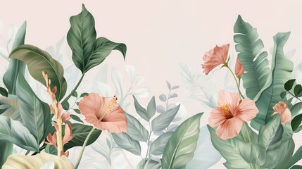 Wall Mural - Elegant watercolor illustration of tropical flowers and leaves in green and pink tones