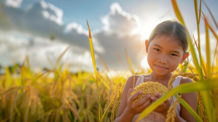 Photograph of a young woman holding rice in a yellow rice field