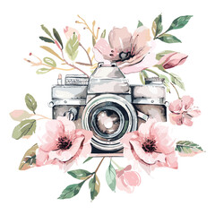 Photography watercolor floral camera logo bundle, set of watercolor photography logo