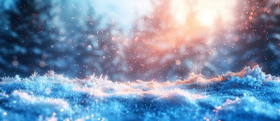 Wall Mural - winter background of snow and frost with landscape of forest, Bokeh effect blue background